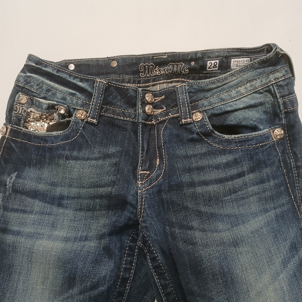 Miss Me Women's Size 28 Low Rise Boot Cut Blue Jeans with Silver Accents Pockets - Picture 2 of 9